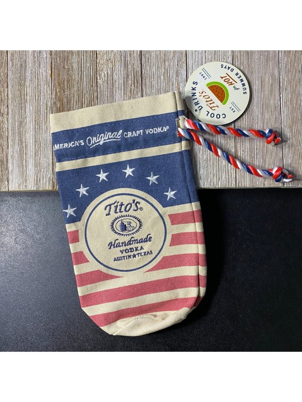 Tito's Handmade Vodka 750ml Bottle Drawstring Canvas Gift Bag Patriotic USA Flag